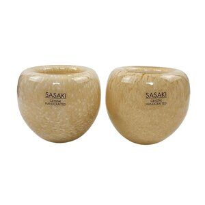 Sasaki Crystal Tea Light Votive Holders Pair Amber Swirl Original Labels 1990s